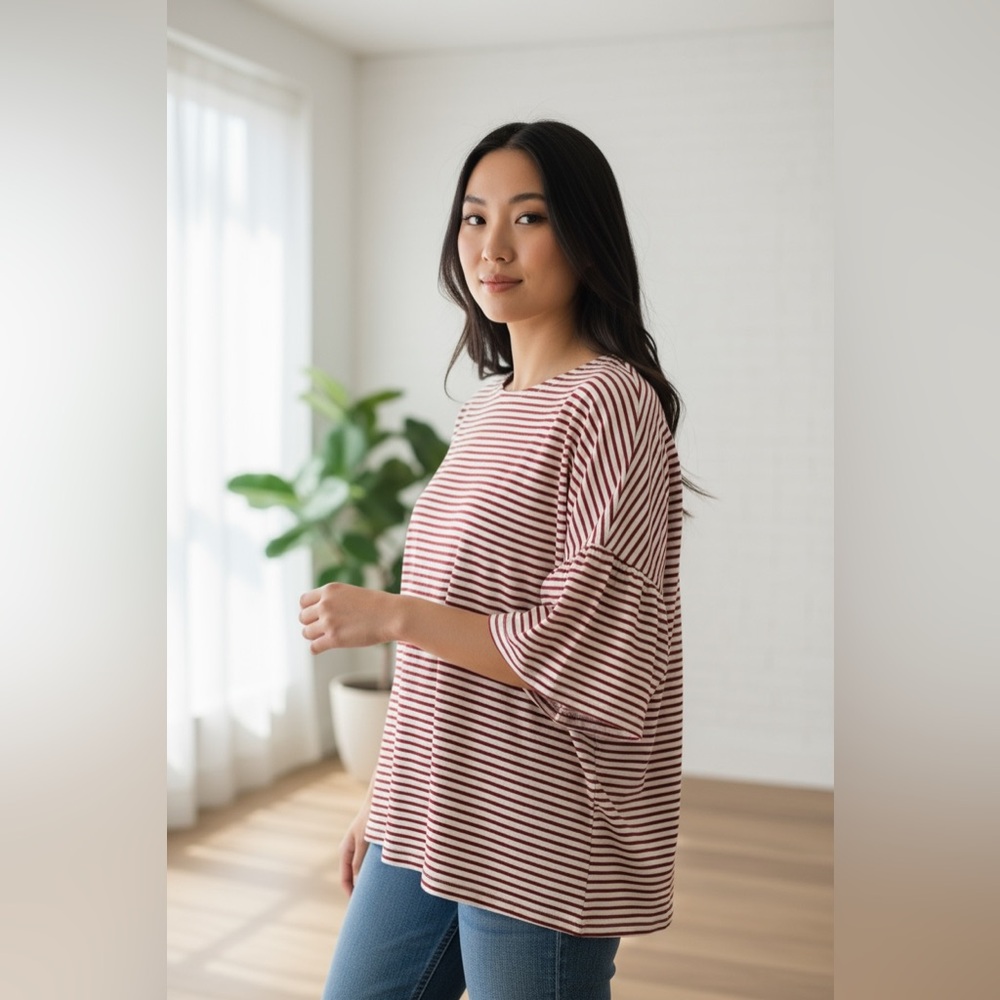 beachlunchlounge Red and White Striped Long Sleeve Top